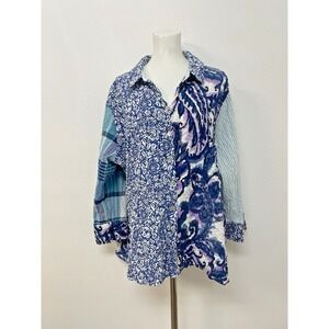 Habitat Crinkled Mixed Print Stir It Up Button‎ Down Shirt Top Blouse Artsy  Lg